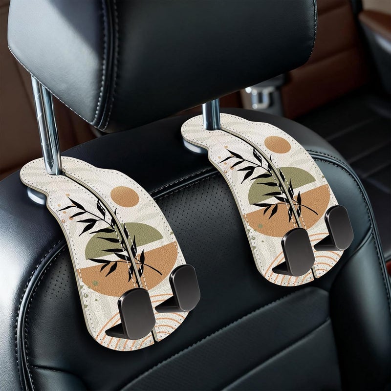 Blusabaca 2PCS Car Seat Back Storage Headrest Hooks, Abstract Boho Leaves Purse Holder Bags Hanger, PU Leather Double Metal Hook Backseat Organizer, Women Car Accessories Organization - Image 1